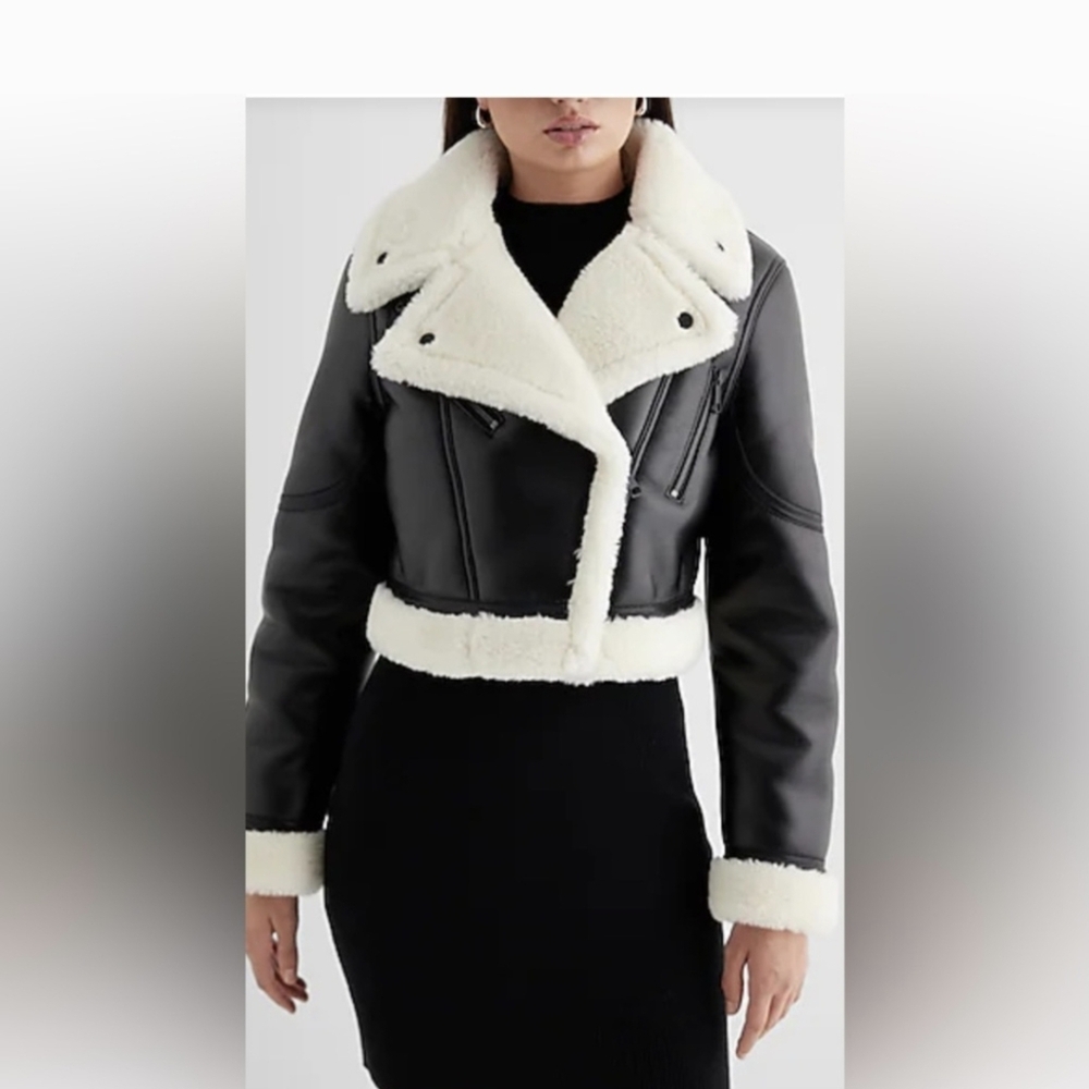 Express Black Motorcycle Jacket. White fur. Aviator style coat. Good Condition.
